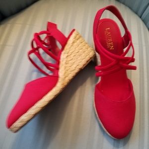 LAUREN RALPH LAUREN summer wedge shoes 7.5 elastic strapping,Red,new, 3inch wedg